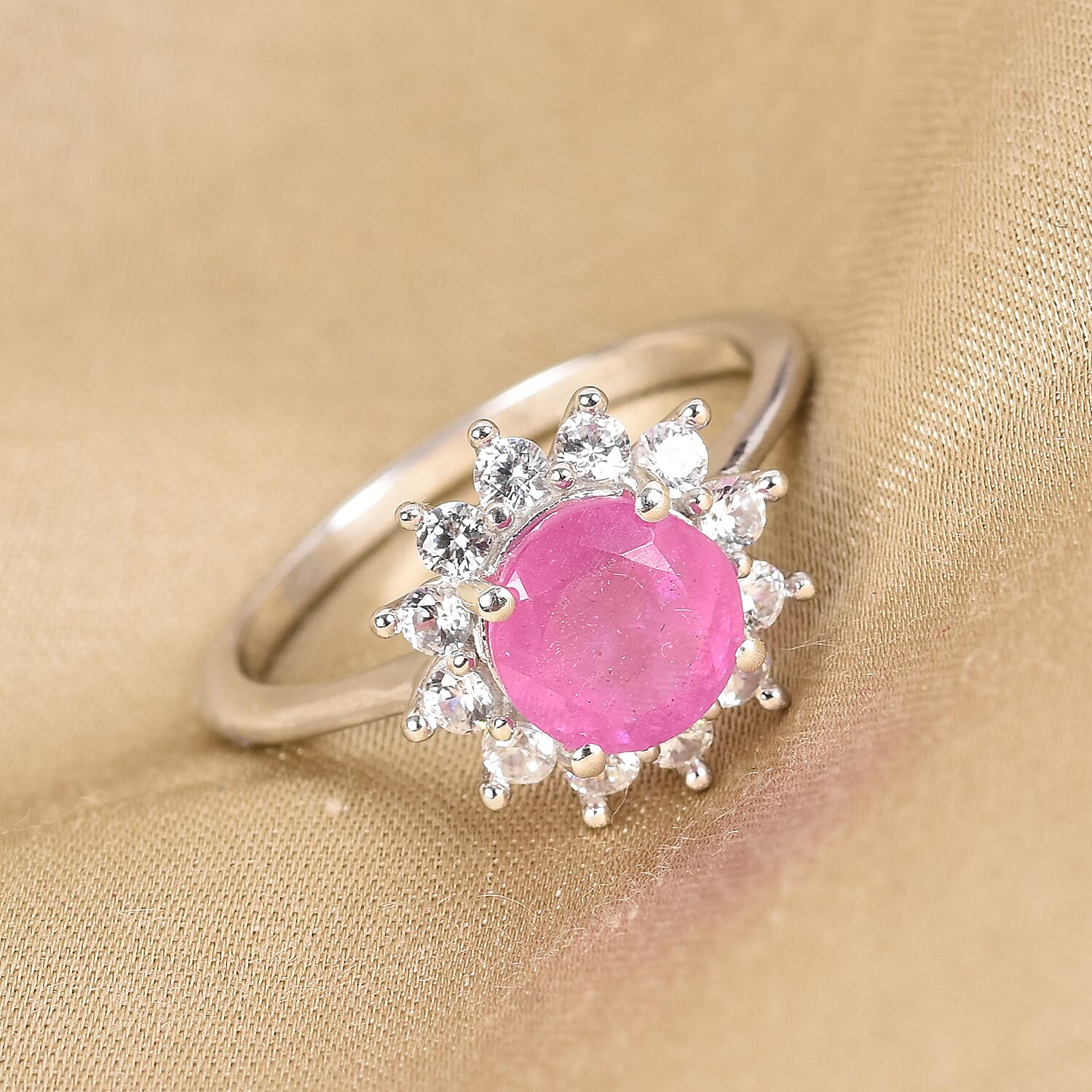 Ilakaka Hot Pink Sapphire and Natural Cambodian Zircon Ring in Platinum Overlay Sterling Silver 2.50 Ct.