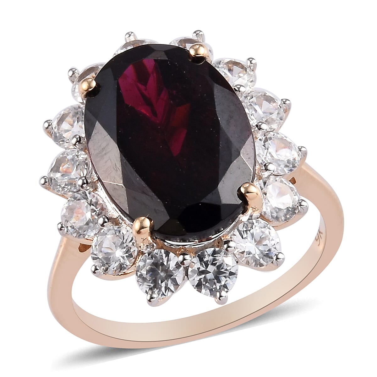 9K Yellow Gold Rhodolite Garnet and Natural Cambodian Zircon Halo Ring 10.75 Ct.