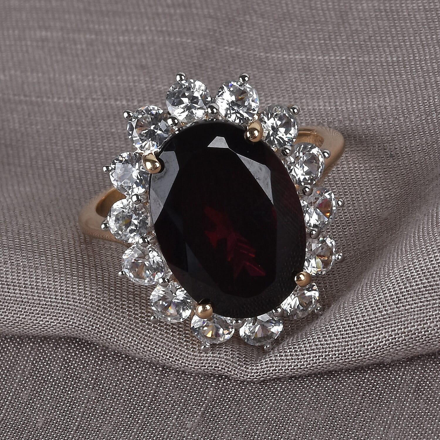 9K Yellow Gold Rhodolite Garnet and Natural Cambodian Zircon Halo Ring 10.75 Ct.