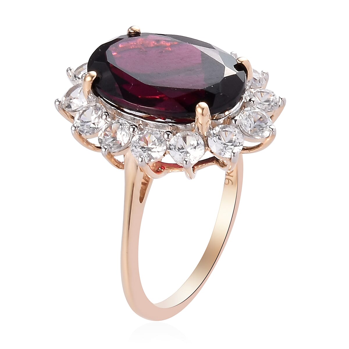 9K Yellow Gold Rhodolite Garnet and Natural Cambodian Zircon Halo Ring 10.75 Ct.