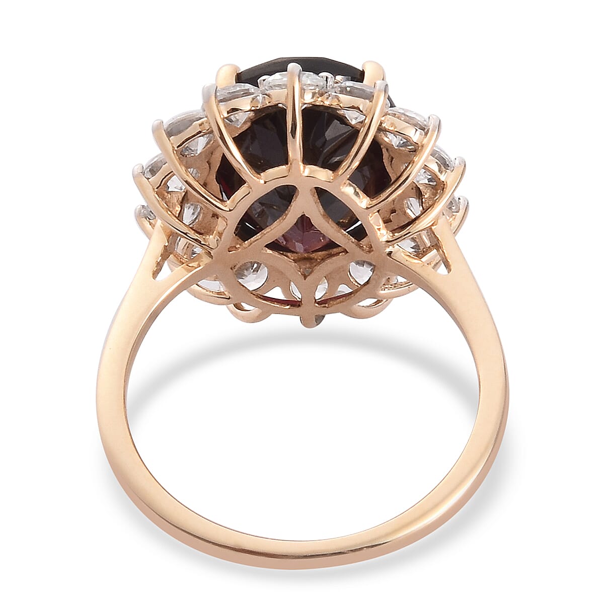 9K Yellow Gold Rhodolite Garnet and Natural Cambodian Zircon Halo Ring 10.75 Ct.