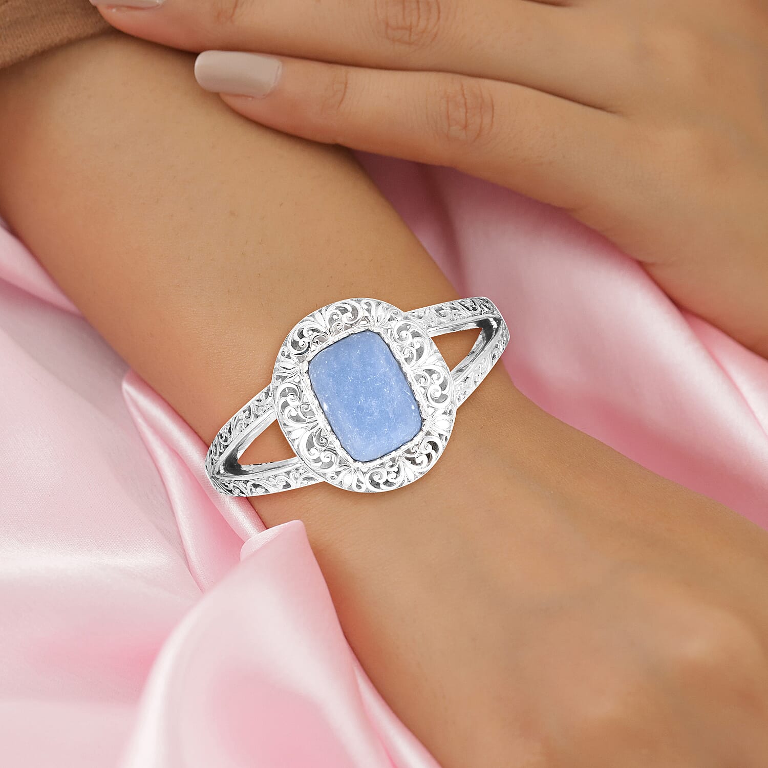 Royal Bali Collection- Blue Opal Cuff Bangle (Size 7.5) in Sterling Silver 28.36 Ct, Silver Wt 53.62 Gms