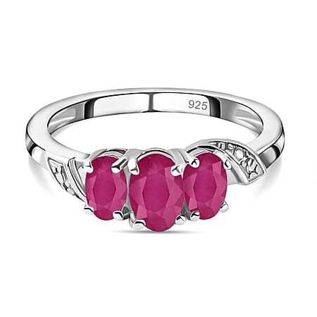 Natural African Ruby (FF) 3 Stone Ring in Sterling Silver with Platinum Plating