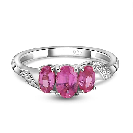 Natural African Ruby (FF) 3 Stone Ring in Sterling Silver with Platinum Plating