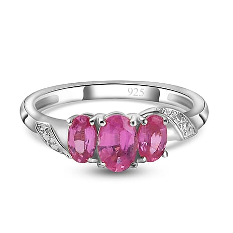 African Ruby (FF) 3 Stone Ring in Platinum Overlay Sterling Silver 1.35 Ct.