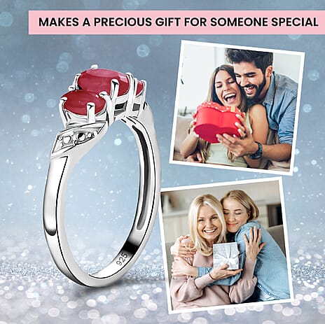 African Ruby (FF) 3 Stone Ring in Platinum Overlay Sterling Silver 1.35 Ct.