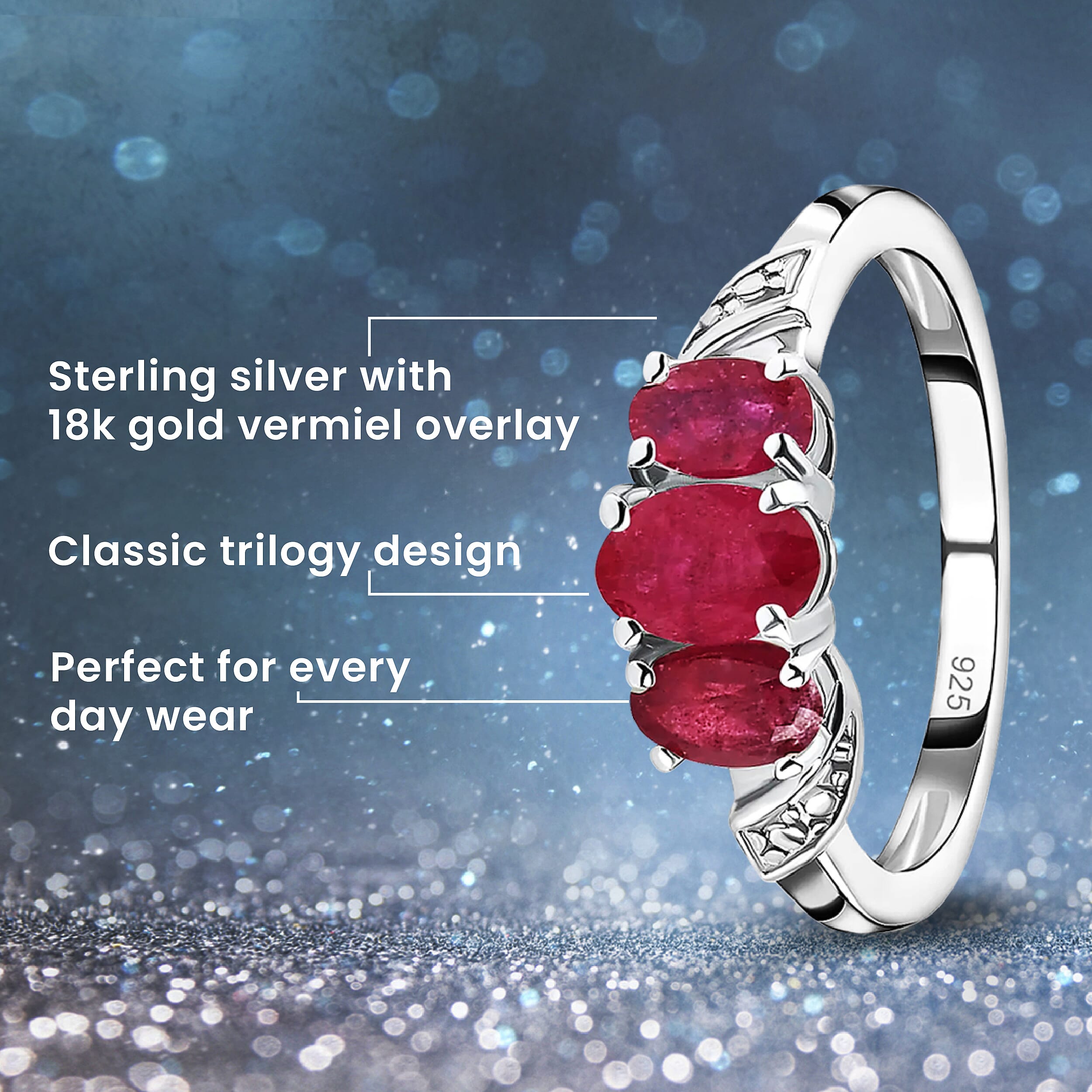 African Ruby Trilogy Ring in Sterling Silver