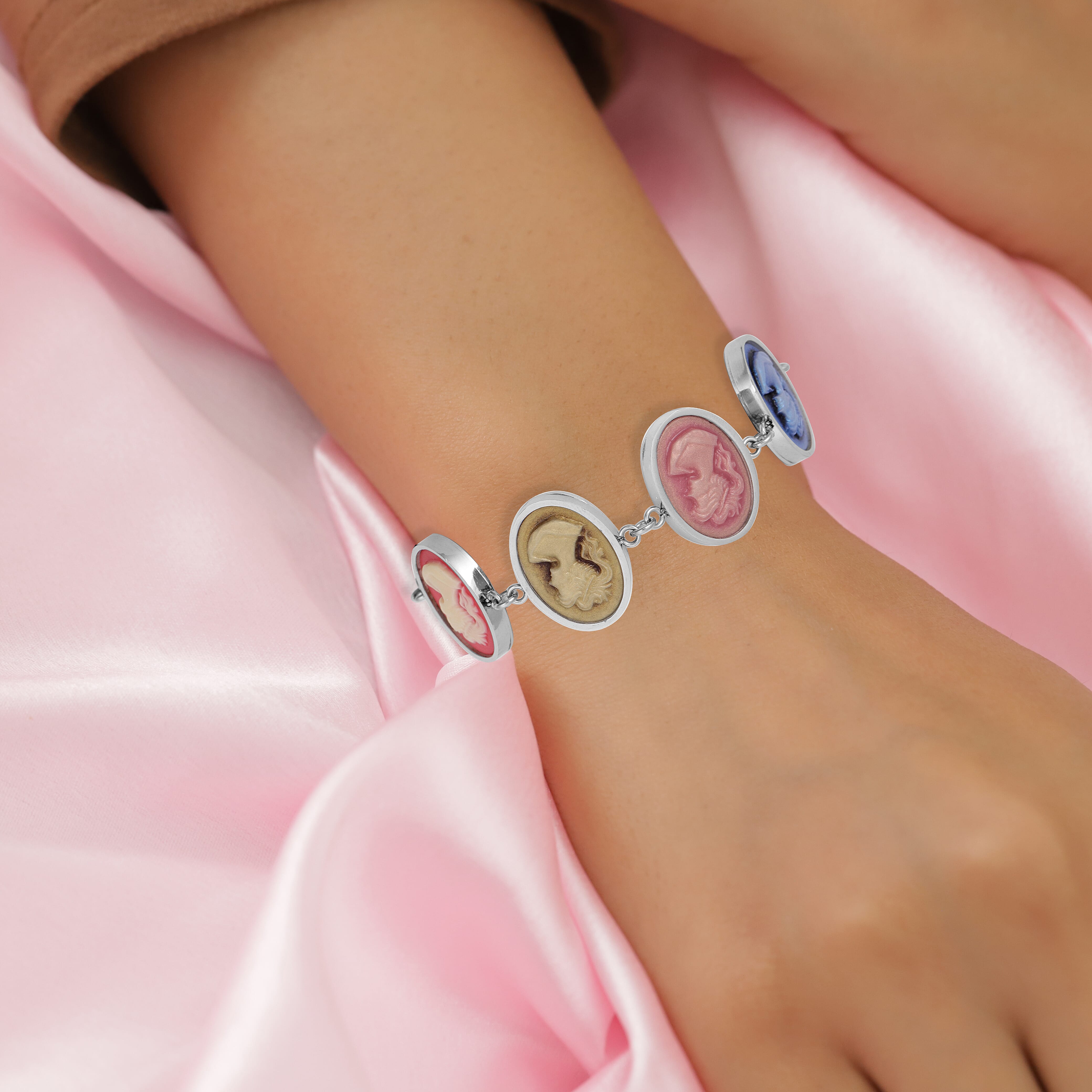 Multi Colour Cameo Bracelet (Size 7 with 1 inch Extender) in Silver Tone