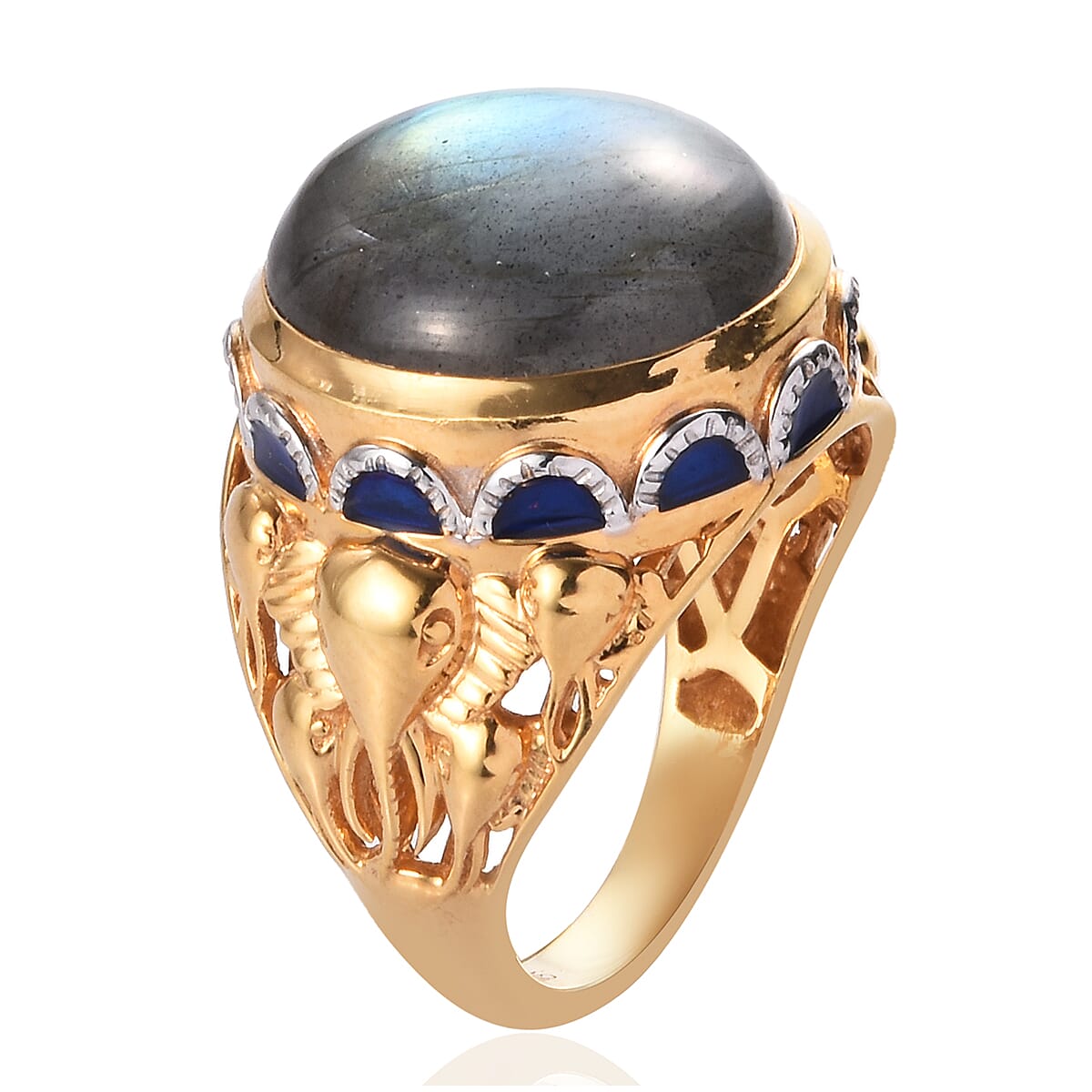 GP Italian Garden Collection - Labradorite and Blue Sapphire Enamelled Ring in 14K Gold Overlay Sterling Silver 13.62 Ct.