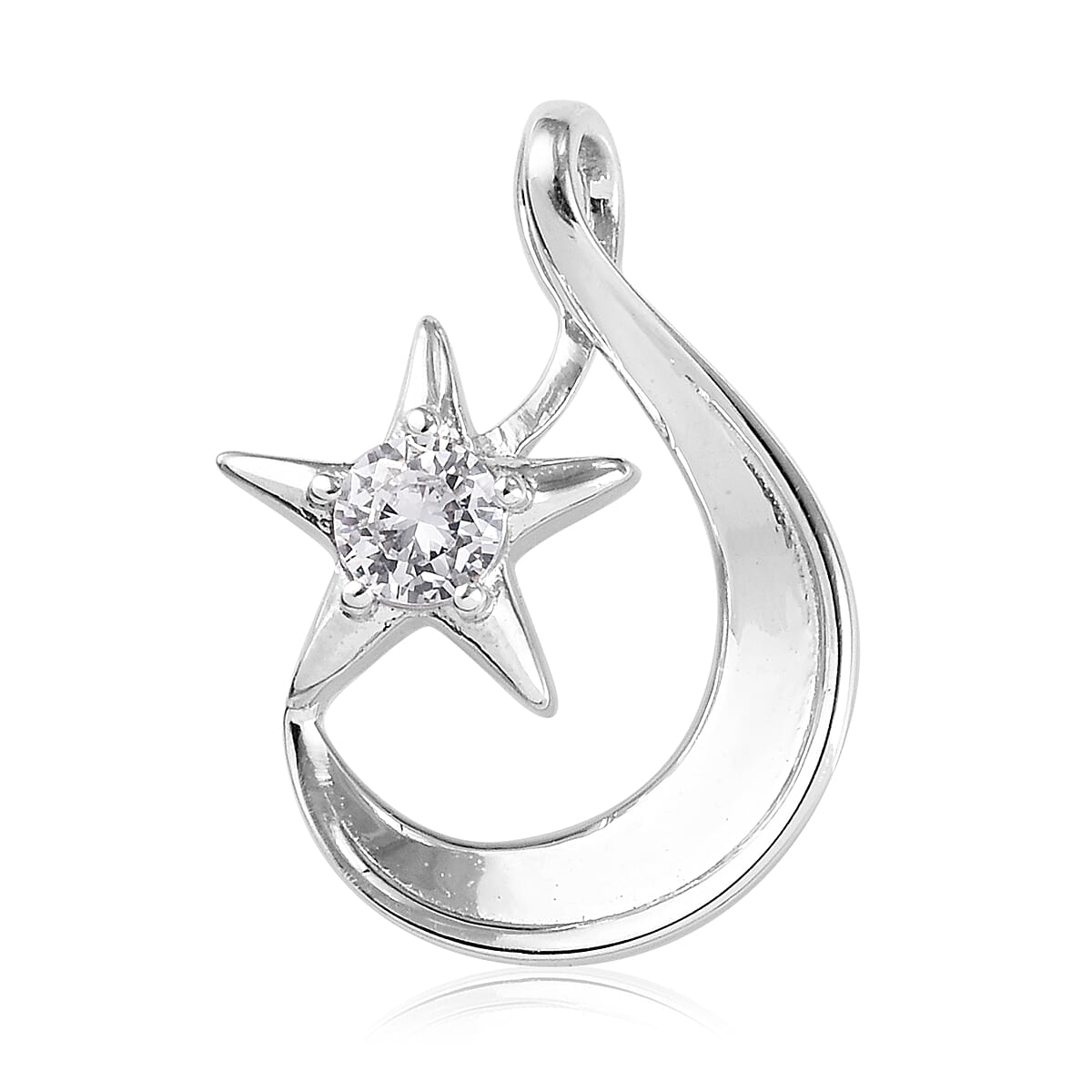 ELANZA Simulated Diamond Crescent Moon and Star Pendant in Platinum Overlay Sterling Silver