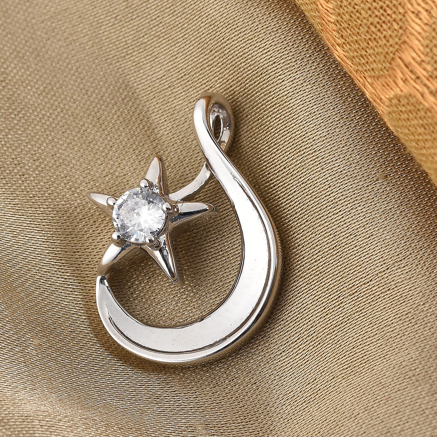 ELANZA Simulated Diamond Crescent Moon and Star Pendant in Platinum Overlay Sterling Silver