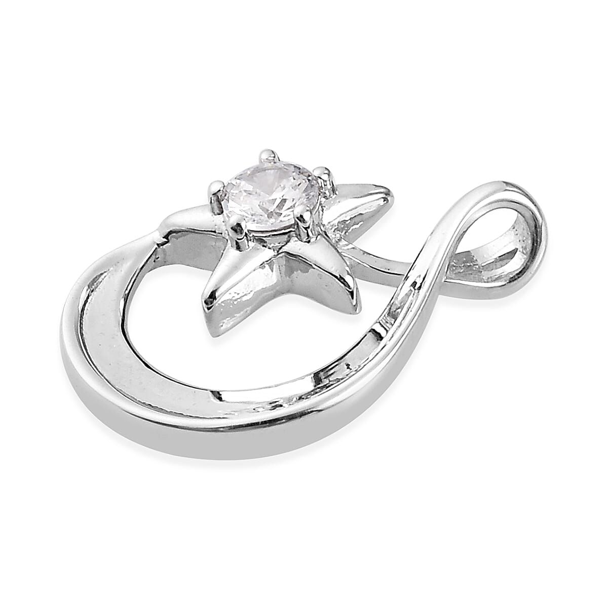 ELANZA Simulated Diamond Crescent Moon and Star Pendant in Platinum Overlay Sterling Silver