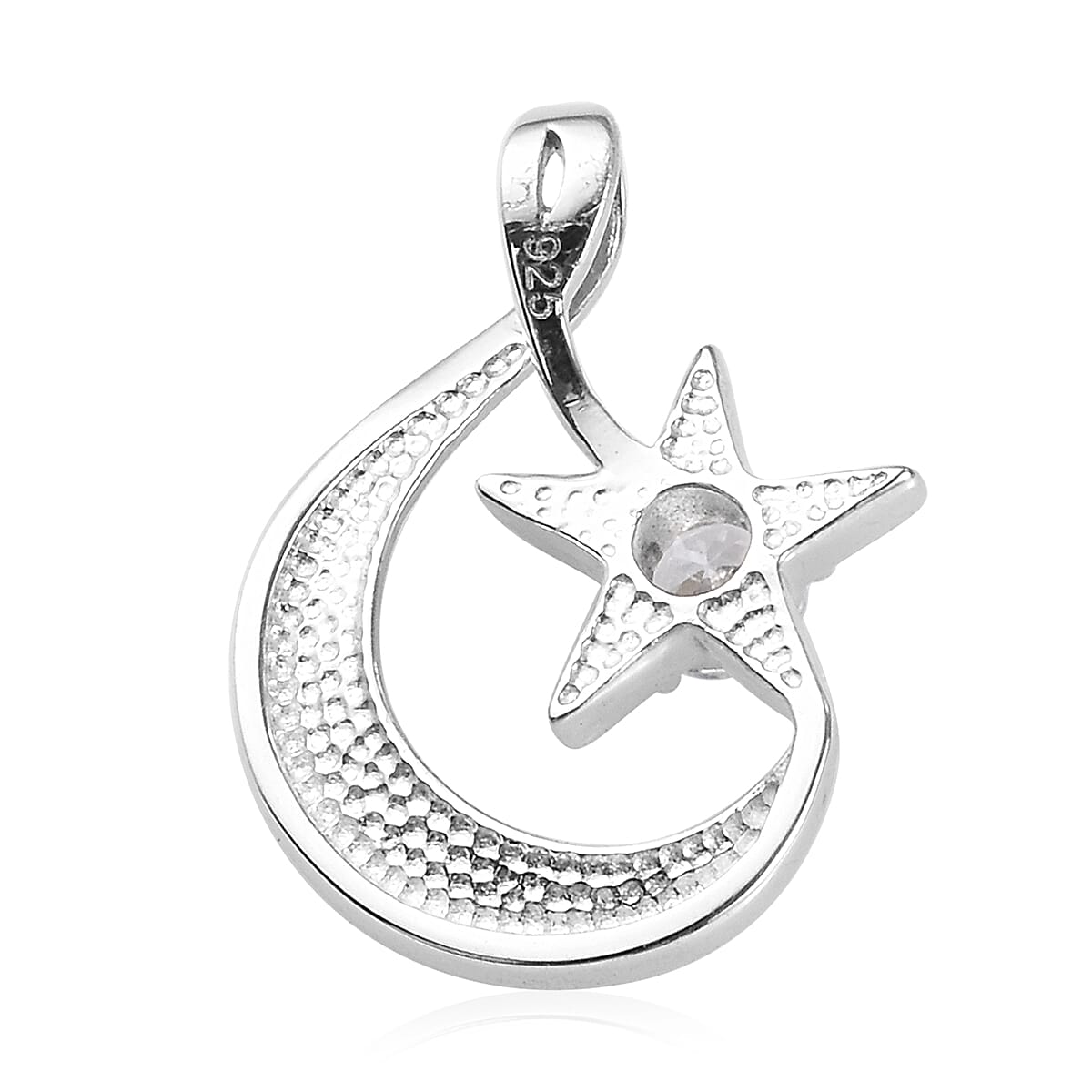 ELANZA Simulated Diamond Crescent Moon and Star Pendant in Platinum Overlay Sterling Silver
