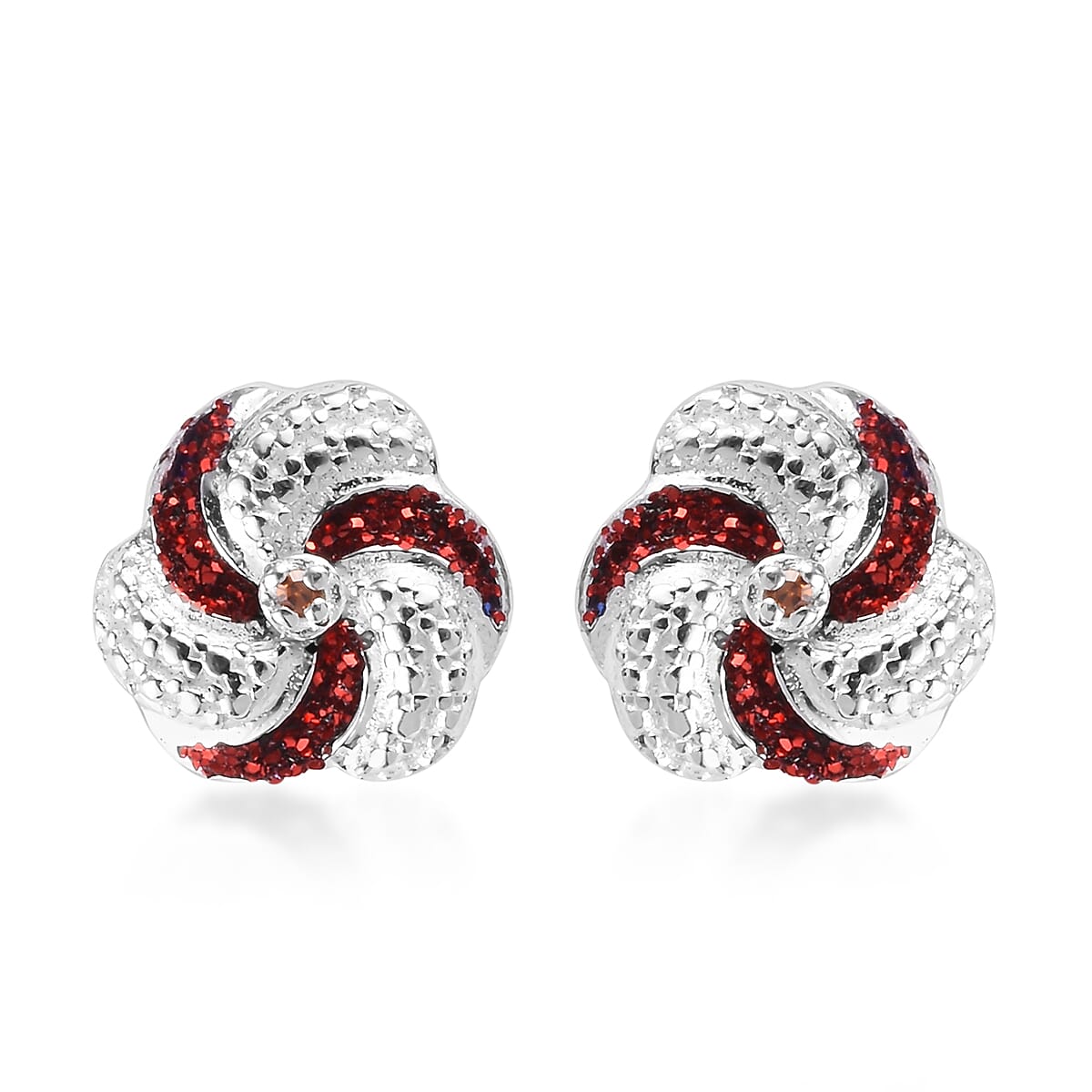 Red Diamond Swirl Design Stud Earrings (with Push Back) in Sterling Silver