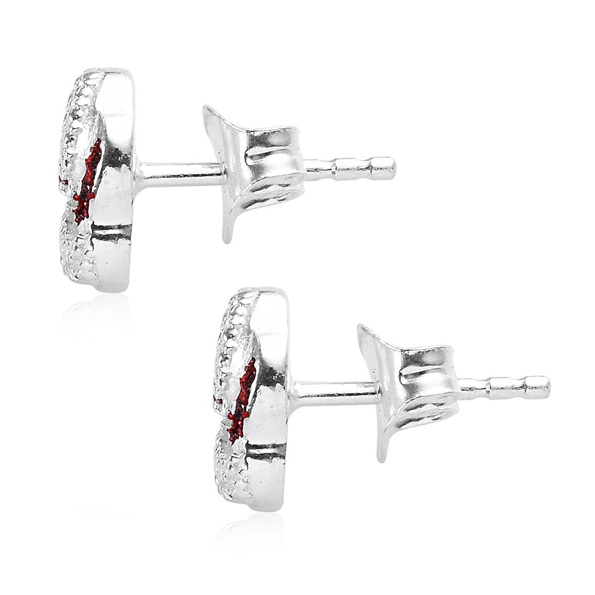 Red Diamond Swirl Design Stud Earrings (with Push Back) in Sterling Silver