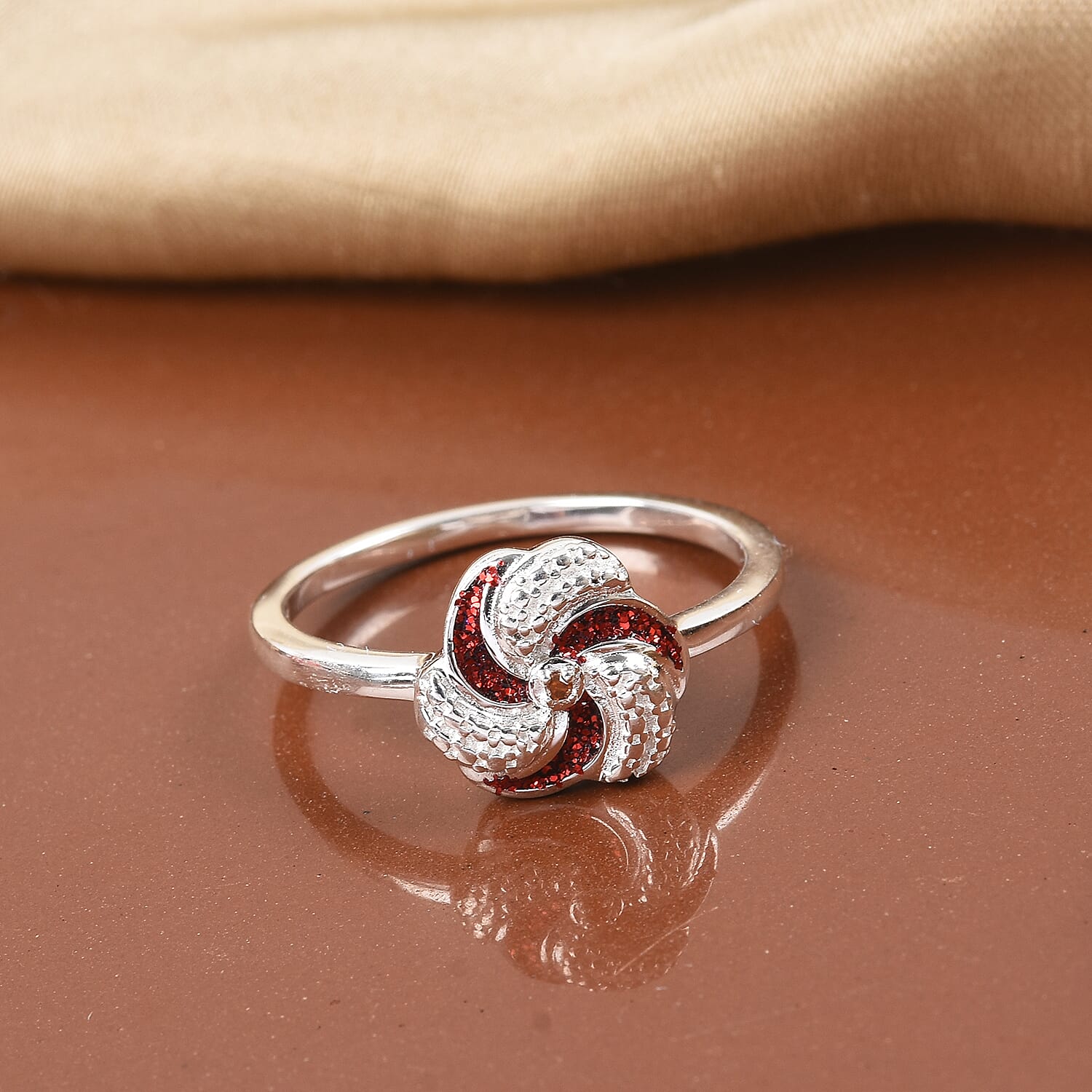 Red Diamond Swirl Design Ring in Sterling Silver