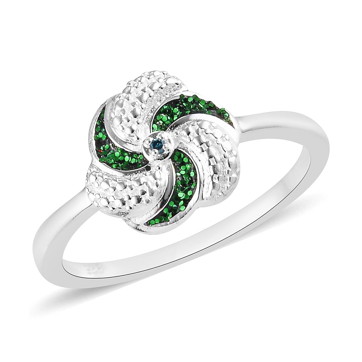 Green Diamond Swirl Design Ring in Sterling Silver