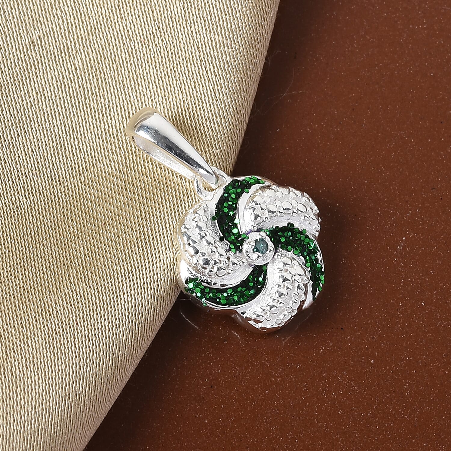 Green Diamond Swirl Design Pendant in Sterling Silver