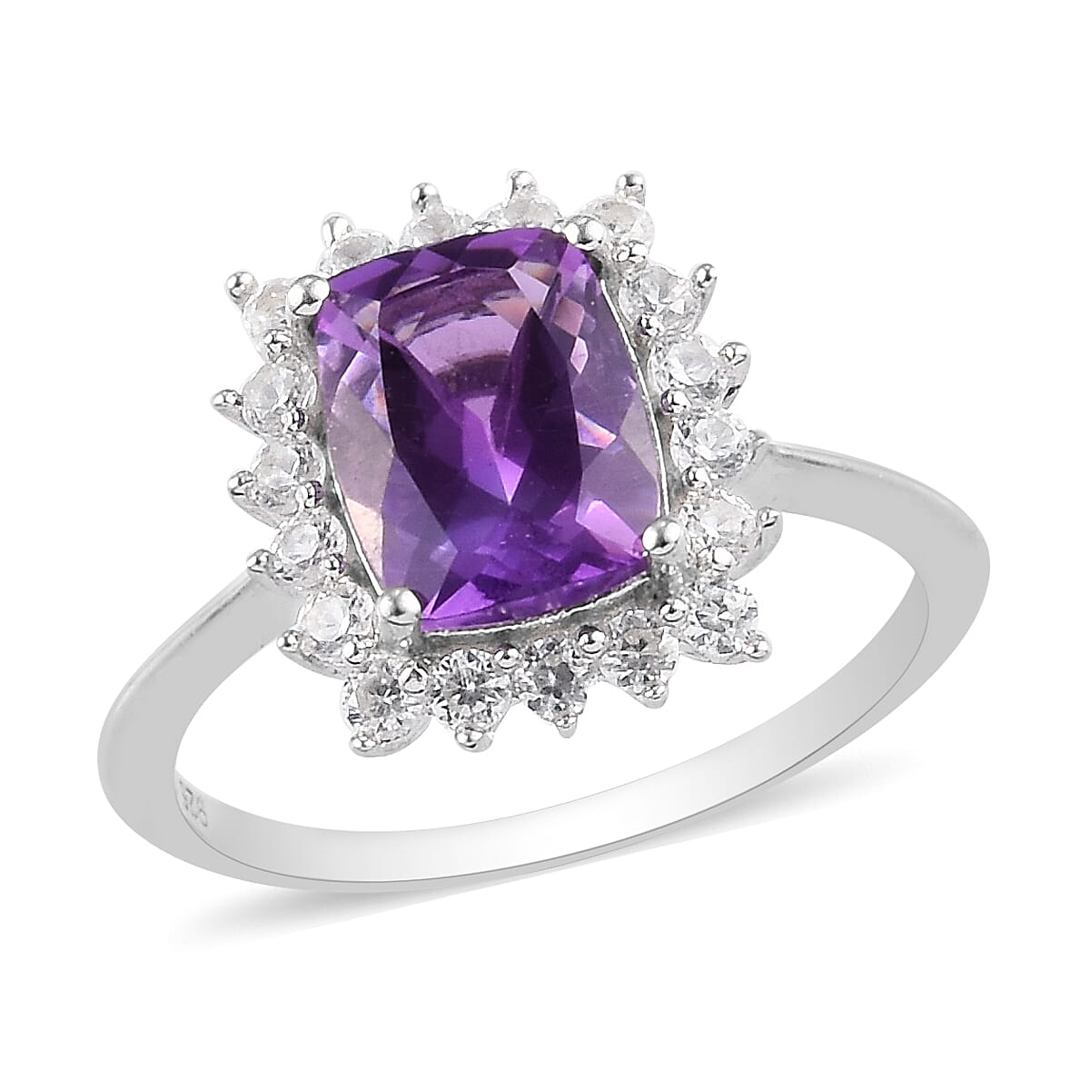 Moroccan Amethyst and Natural Cambodian Zircon Halo Ring in Platinum Overlay Sterling Silver 2.54 Ct.