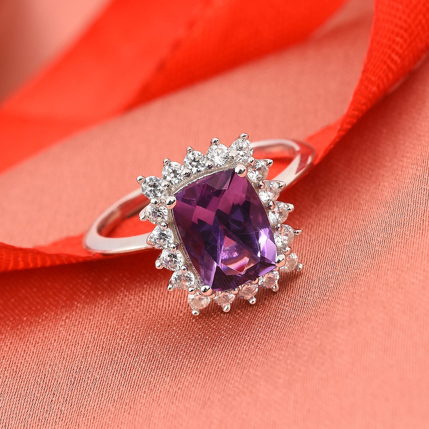 Moroccan Amethyst and Natural Cambodian Zircon Halo Ring in Platinum Overlay Sterling Silver 2.54 Ct.