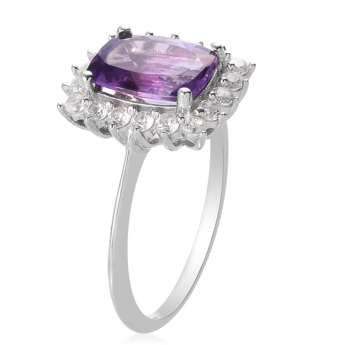 Moroccan Amethyst and Natural Cambodian Zircon Halo Ring in Platinum Overlay Sterling Silver 2.54 Ct.
