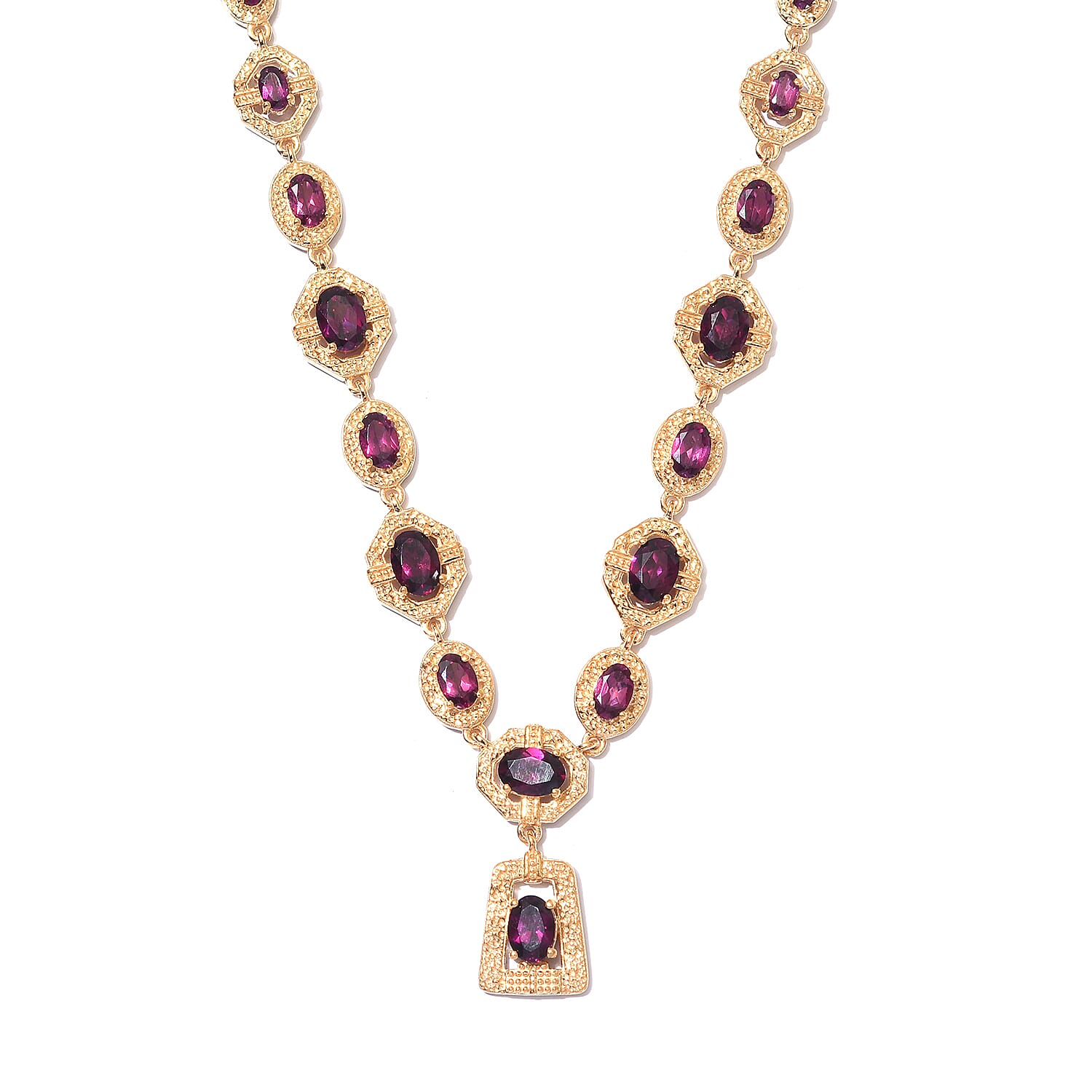 Rhodolite Garnet Necklace (Size 18 with 2 inch Extender) in Yellow Gold Vermeil  Overlay Sterling Silver 12.50 Ct, Silver Wt 19.75 Gms