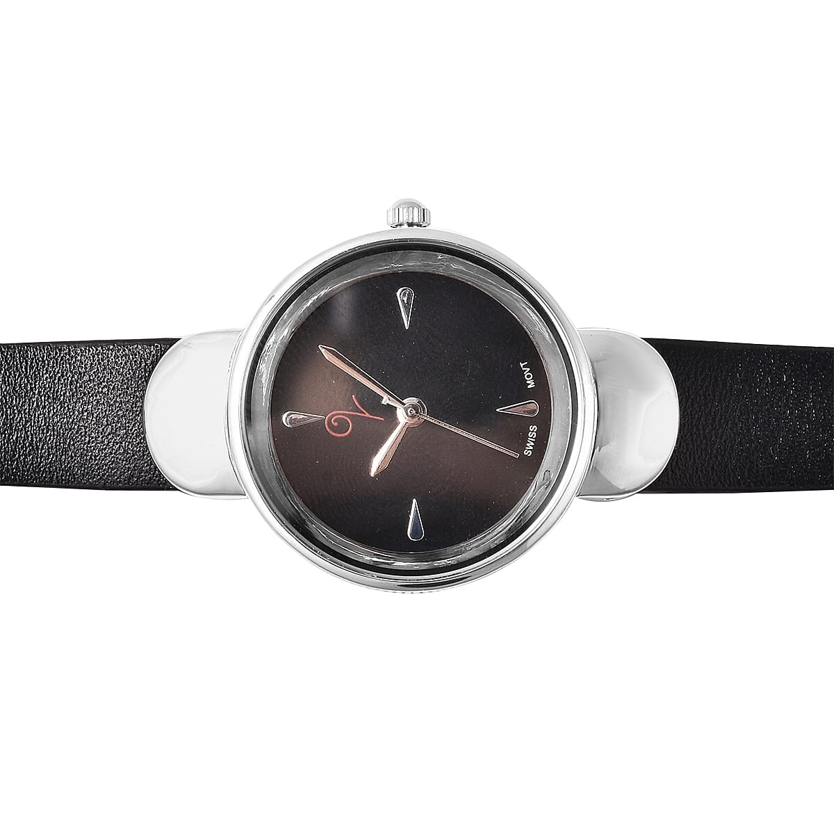 LUCYQ Swiss Movement Black Dial 3ATM Water Resistant Watch with 3 Row Black Leather Strap and Natural Cambodian Zircon Studded Sterling Silver Charm in a Gift Box