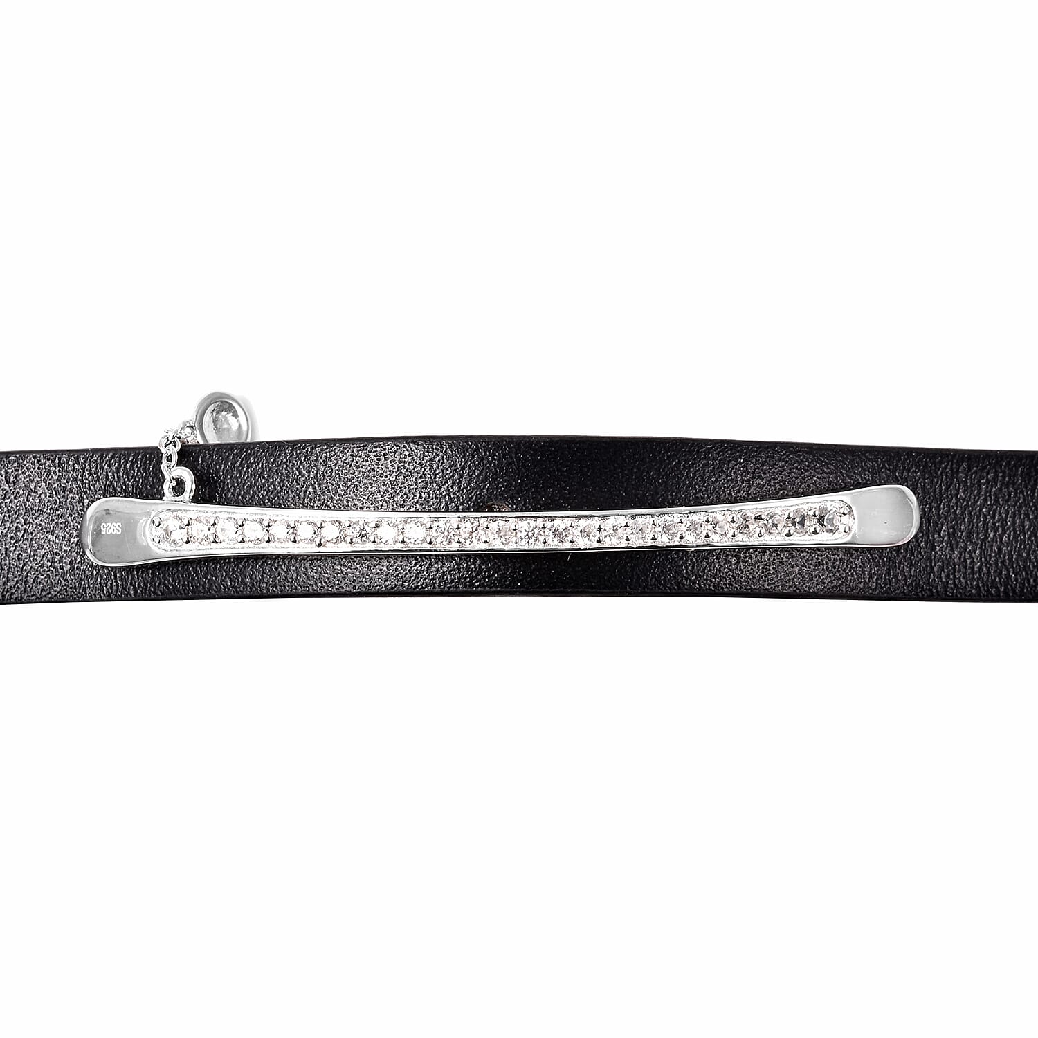 LUCYQ Swiss Movement Black Dial 3ATM Water Resistant Watch with 3 Row Black Leather Strap and Natural Cambodian Zircon Studded Sterling Silver Charm in a Gift Box