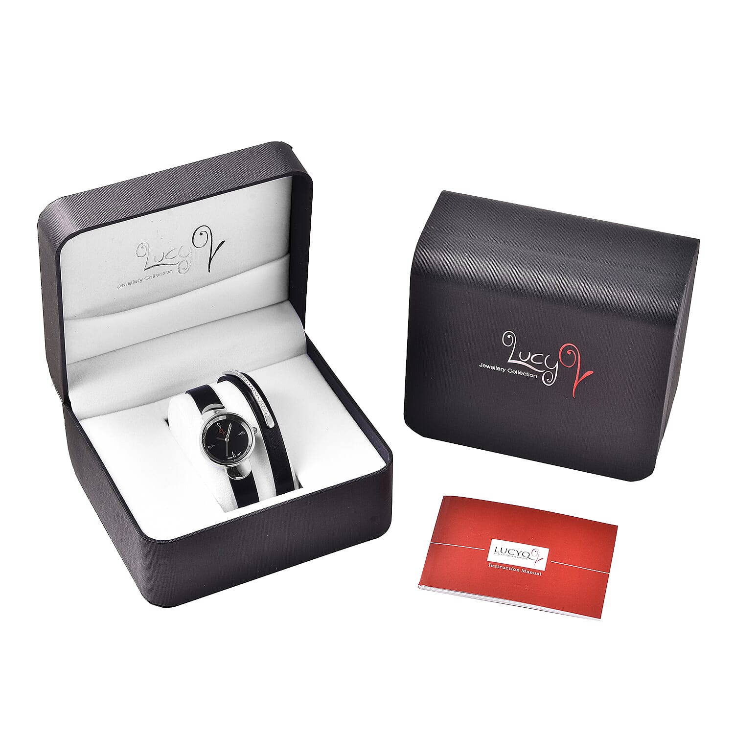 LUCYQ Swiss Movement Black Dial 3ATM Water Resistant Watch with 3 Row Black Leather Strap and Natural Cambodian Zircon Studded Sterling Silver Charm in a Gift Box