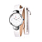 Lucy Q Swiss Movement White Dial 3ATM Water Resistant Watch with 3 Row White Leather Strap and Natural Cambodian Zircon Studded Sterling Silver Charm in a Gift Box