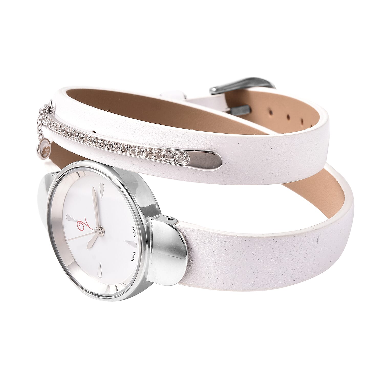 LUCYQ Swiss Movt. White Dial 3ATM WR Watch with 3 Row White Leather Strap and Natural Cambodian Zircon Studded Sterling Silver Charm in a Gift Box