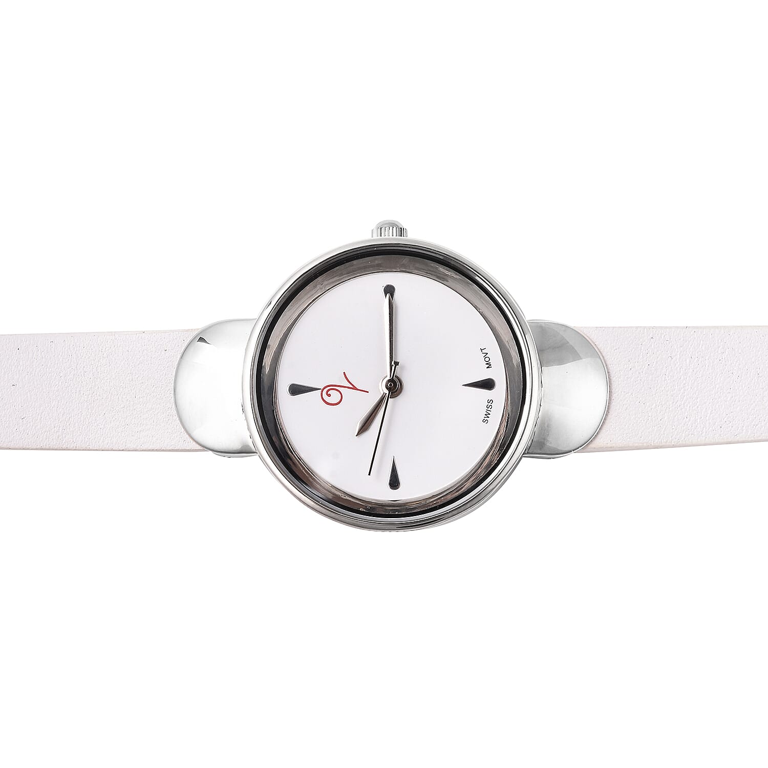 LUCYQ Swiss Movt. White Dial 3ATM WR Watch with 3 Row White Leather Strap and Natural Cambodian Zircon Studded Sterling Silver Charm in a Gift Box