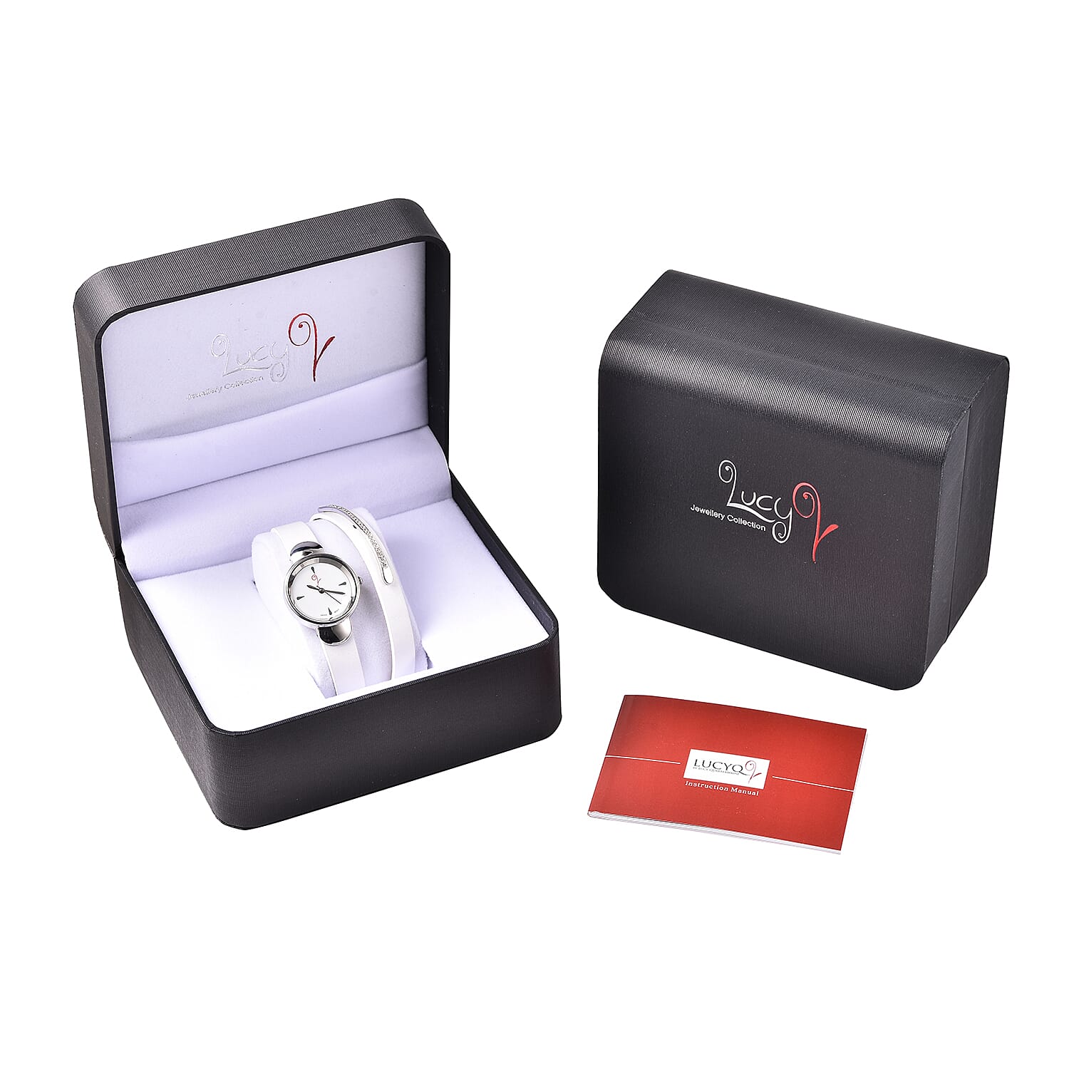 LUCYQ Swiss Movt. White Dial 3ATM WR Watch with 3 Row White Leather Strap and Natural Cambodian Zircon Studded Sterling Silver Charm in a Gift Box