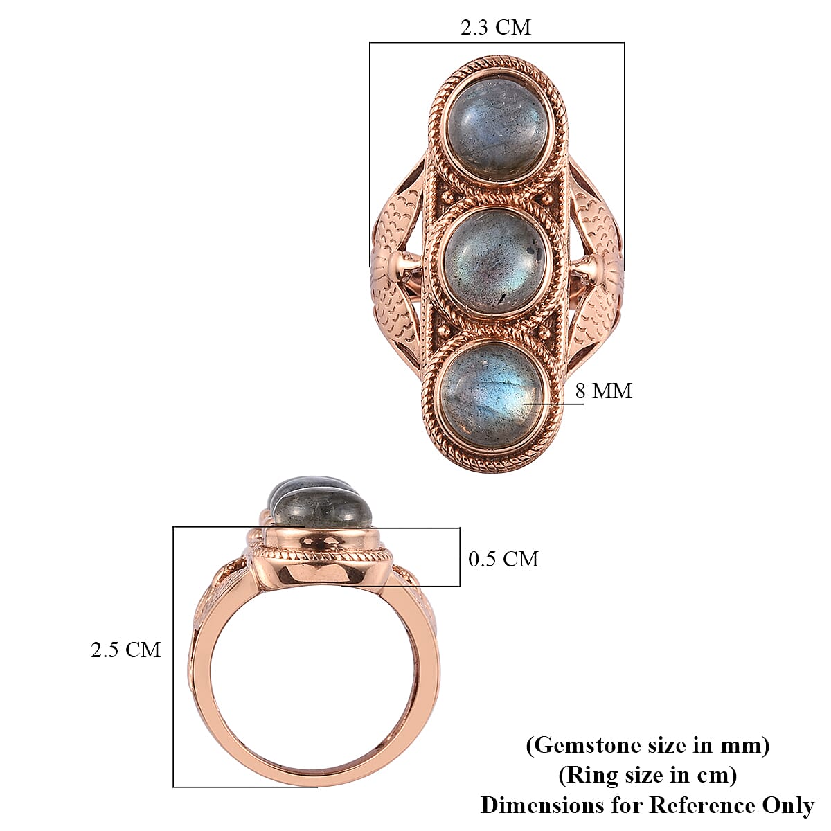 Labradorite Three Stone Ring in Bronze 7.25 Ct.