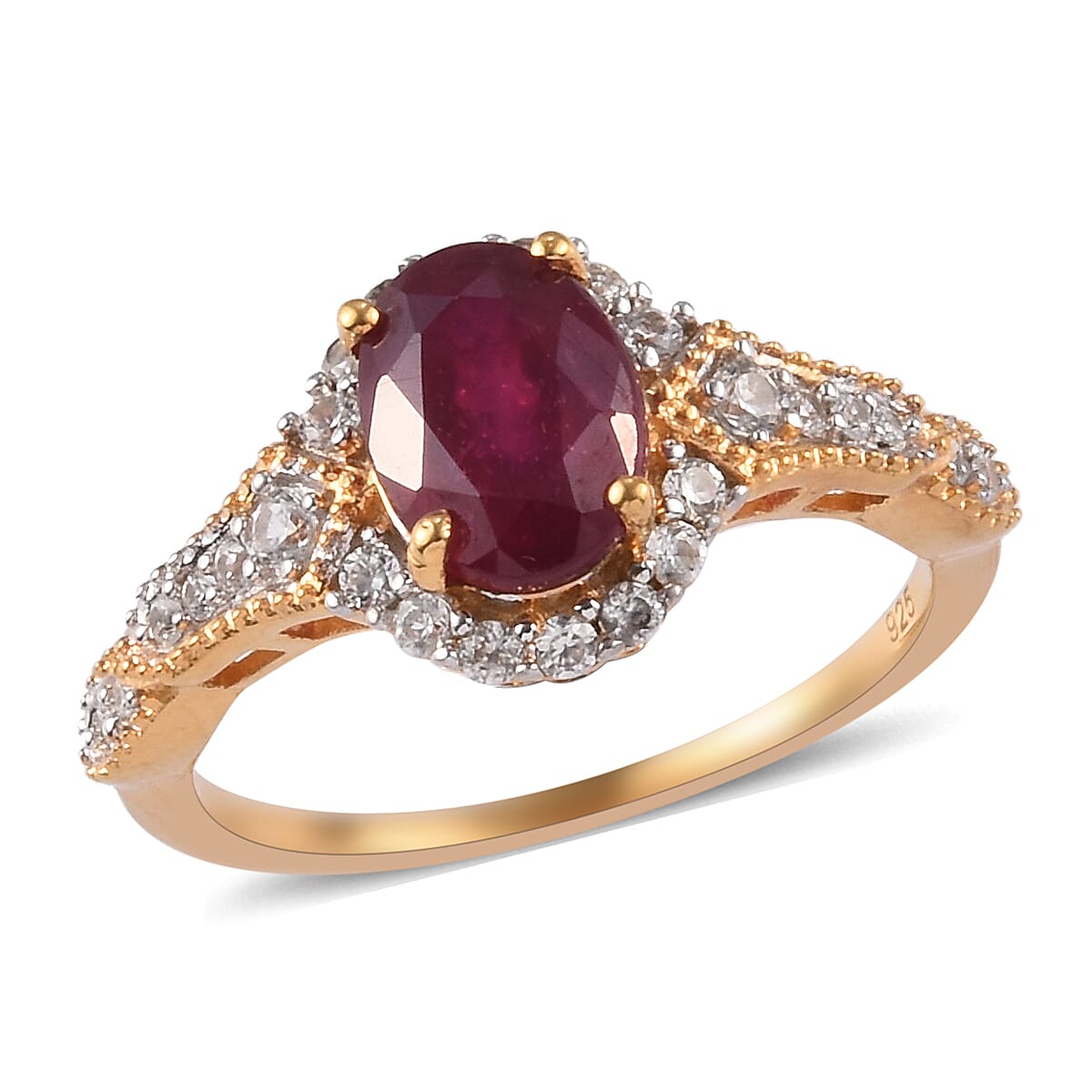 African Ruby and Natural Cambodian Zircon Ring in 14K Gold Overlay Sterling Silver 1.98 Ct.