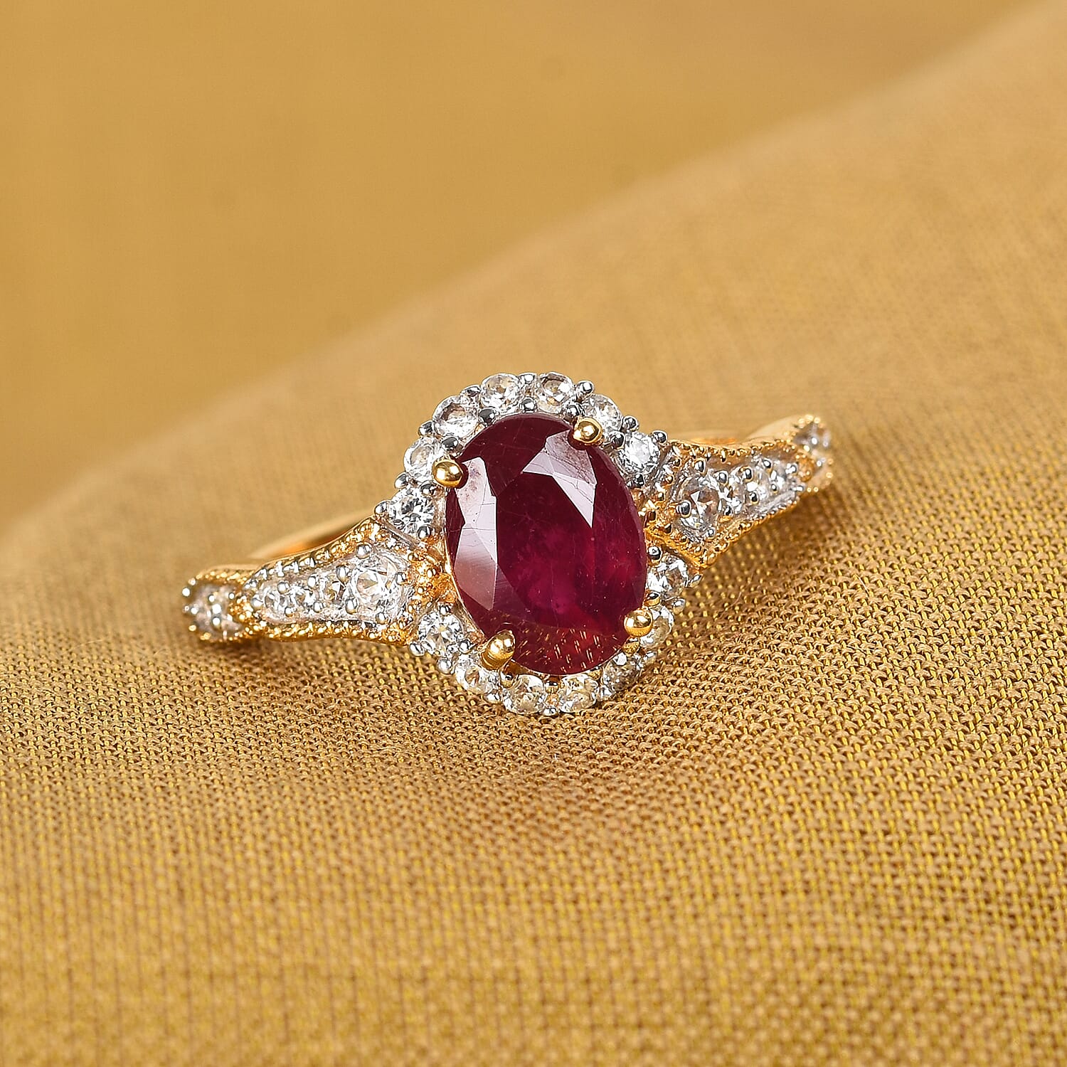 African Ruby and Natural Cambodian Zircon Ring in 14K Gold Overlay Sterling Silver 1.98 Ct.