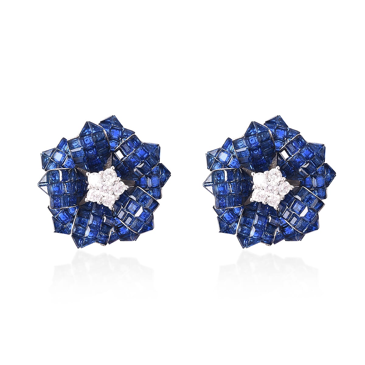 Lustro Stella - Simulated Blue Sapphire and Simulated Diamond Floral Stud Earrings (with Push Back) in Rhodium Overlay Sterling Silver, Silver wt. 6.00 gms