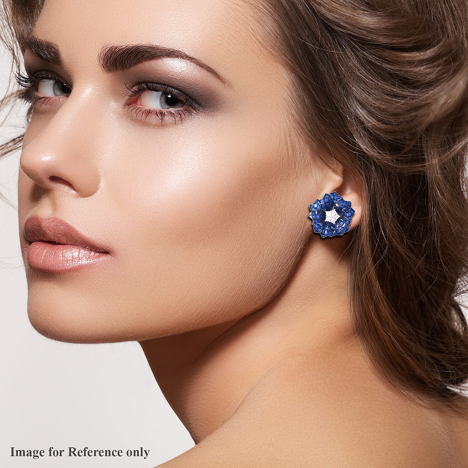 Lustro Stella - Simulated Blue Sapphire and Simulated Diamond Floral Stud Earrings (with Push Back) in Rhodium Overlay Sterling Silver, Silver wt. 6.00 gms
