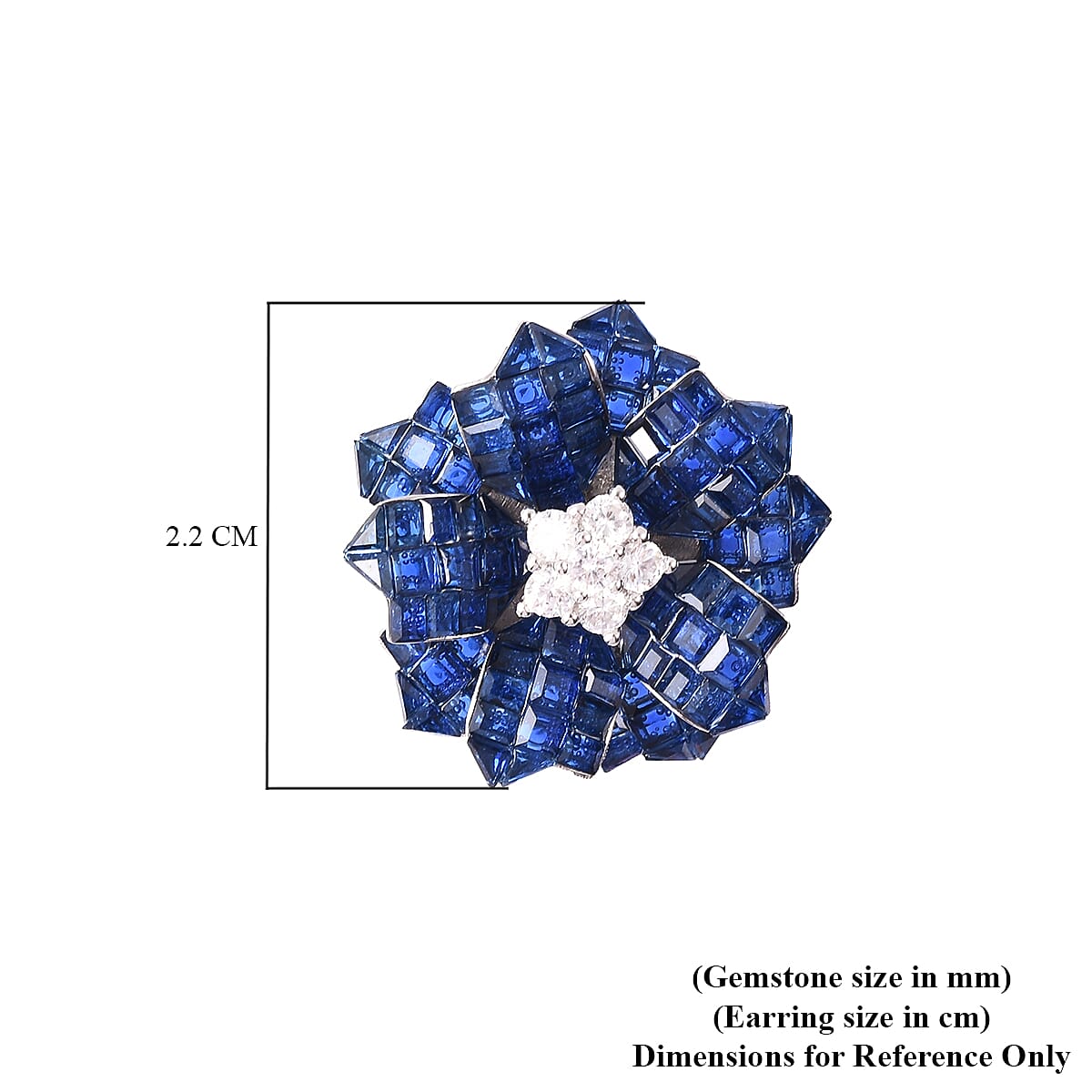 Lustro Stella - Simulated Blue Sapphire and Simulated Diamond Floral Stud Earrings (with Push Back) in Rhodium Overlay Sterling Silver, Silver wt. 6.00 gms