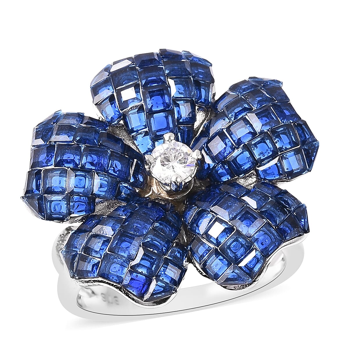 Lustro Stella Simulated Blue Sapphire and Simulated Diamond Floral Ring in Rhodium Overlay Sterling Silver