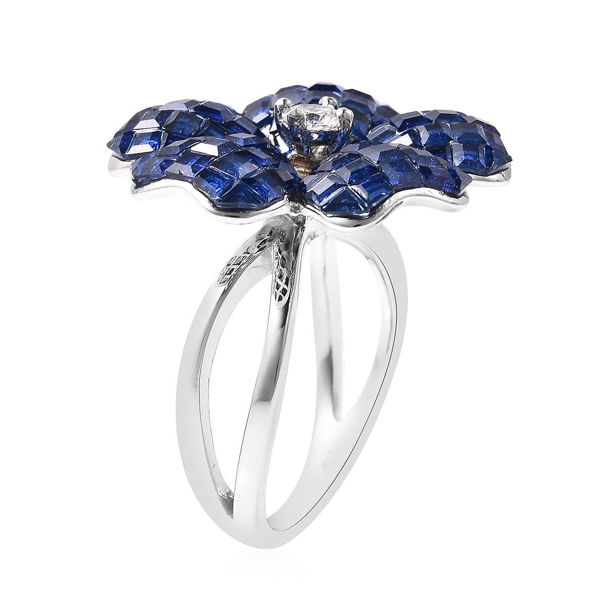 Lustro Stella Simulated Blue Sapphire and Simulated Diamond Floral Ring in Rhodium Overlay Sterling Silver