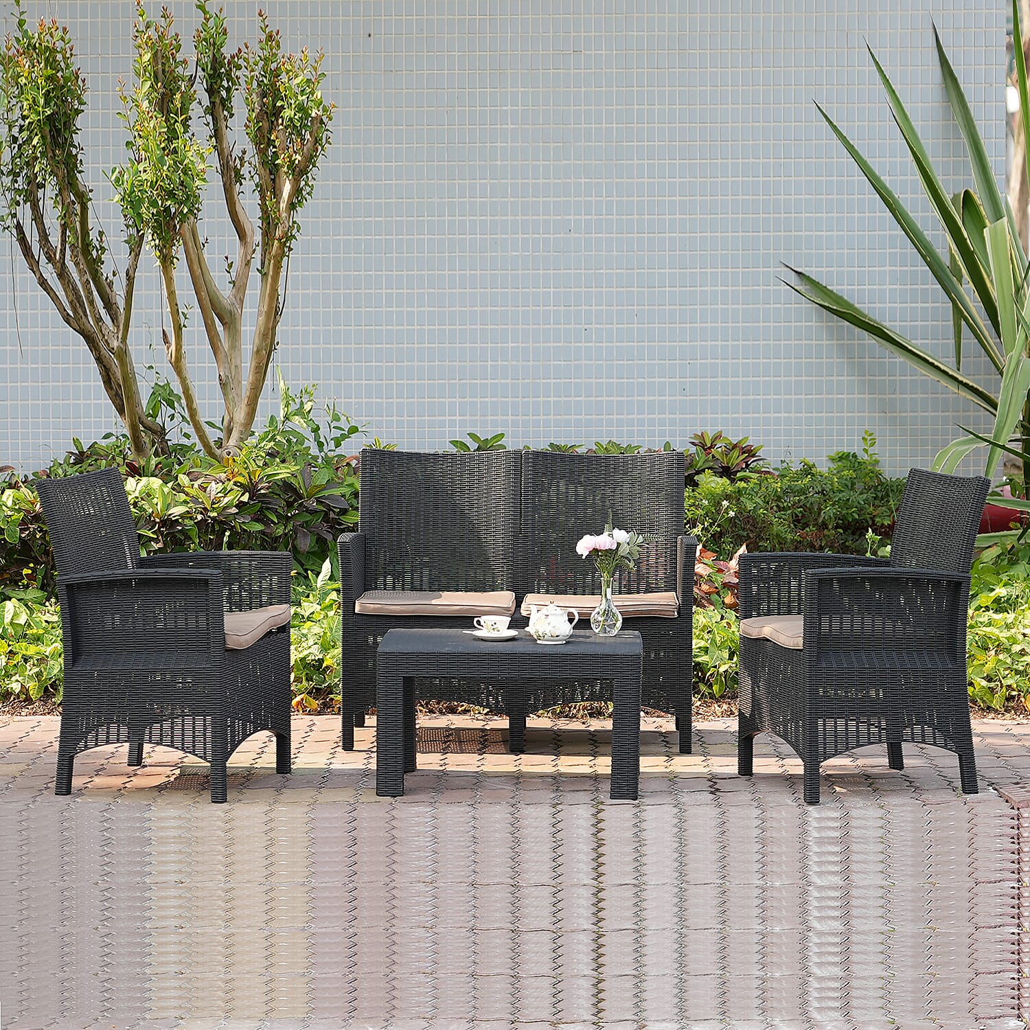 4 Piece Set - Durable Outdoor Rattan Style Sofa Set with Four Seat Cushion (Includes one Loveseat, Two Armchairs and Coffee Table) - Black & Khaki