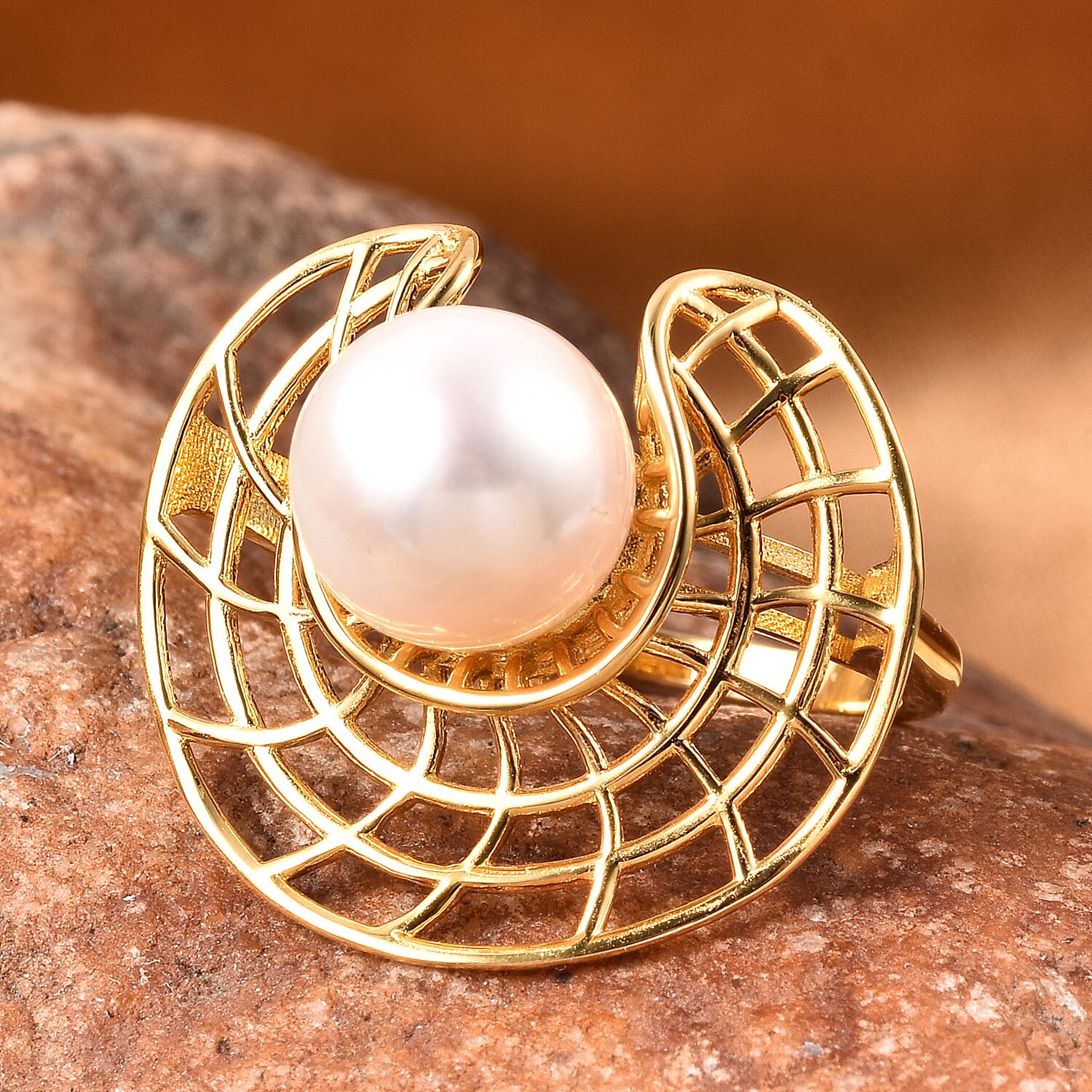 White Edison Pearl Ring in Yellow Gold Overlay Sterling Silver