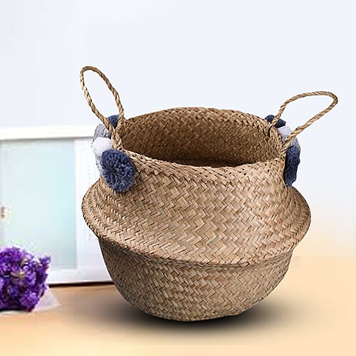 Foldable Seagrass Basket with Pom Pom (Size 30X25X25 HANDLE 14 CM)