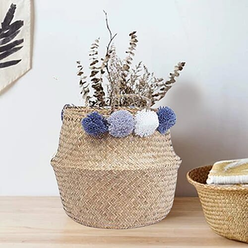 Foldable Seagrass Basket with Pom Pom (Size 30X25X25 HANDLE 14 CM)