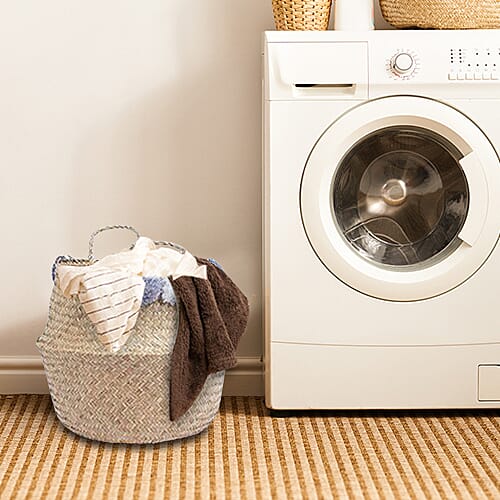 Foldable Seagrass Basket with Pom Pom (Size 30X25X25 HANDLE 14 CM)