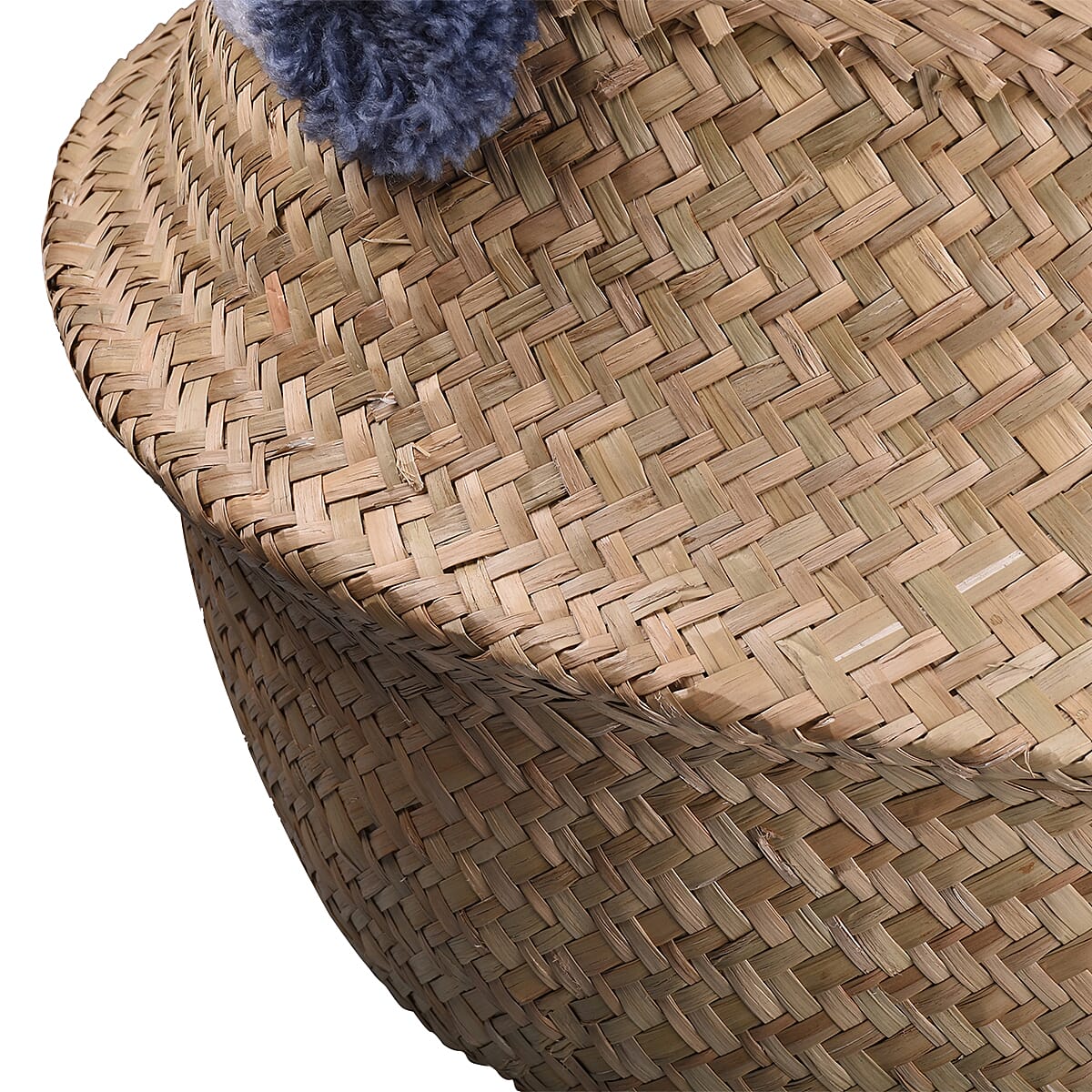 Foldable Seagrass Basket with Pom Pom (Size 30X25X25 HANDLE 14 CM)
