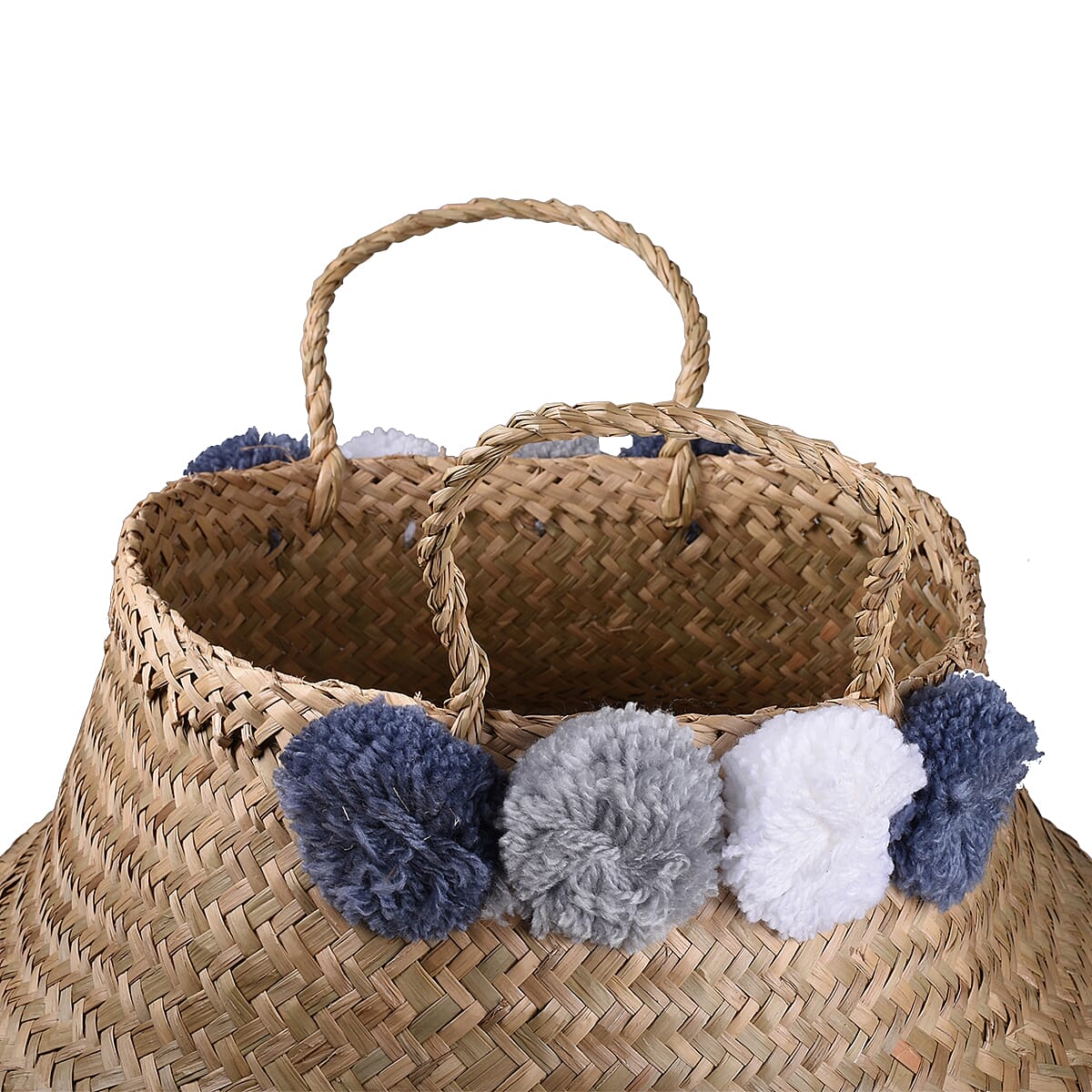 Foldable Seagrass Basket with Pom Pom (Size 30X25X25 HANDLE 14 CM)