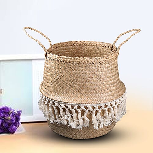 Foldable Seagrass Basket with Tassels (Size 30X25X30 HANDLE 12 CM)