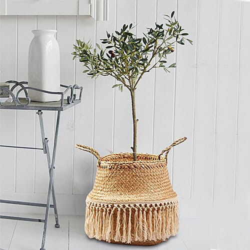 Foldable Seagrass Basket with Tassels (Size 30X25X30 HANDLE 12 CM)